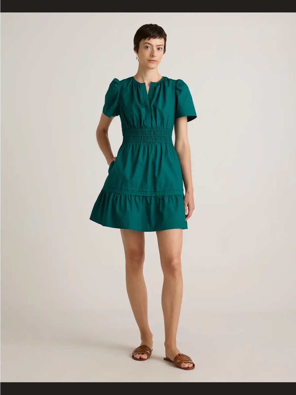 Quince Emerald Green Short Puff Sleeve Smocked Waist Dress